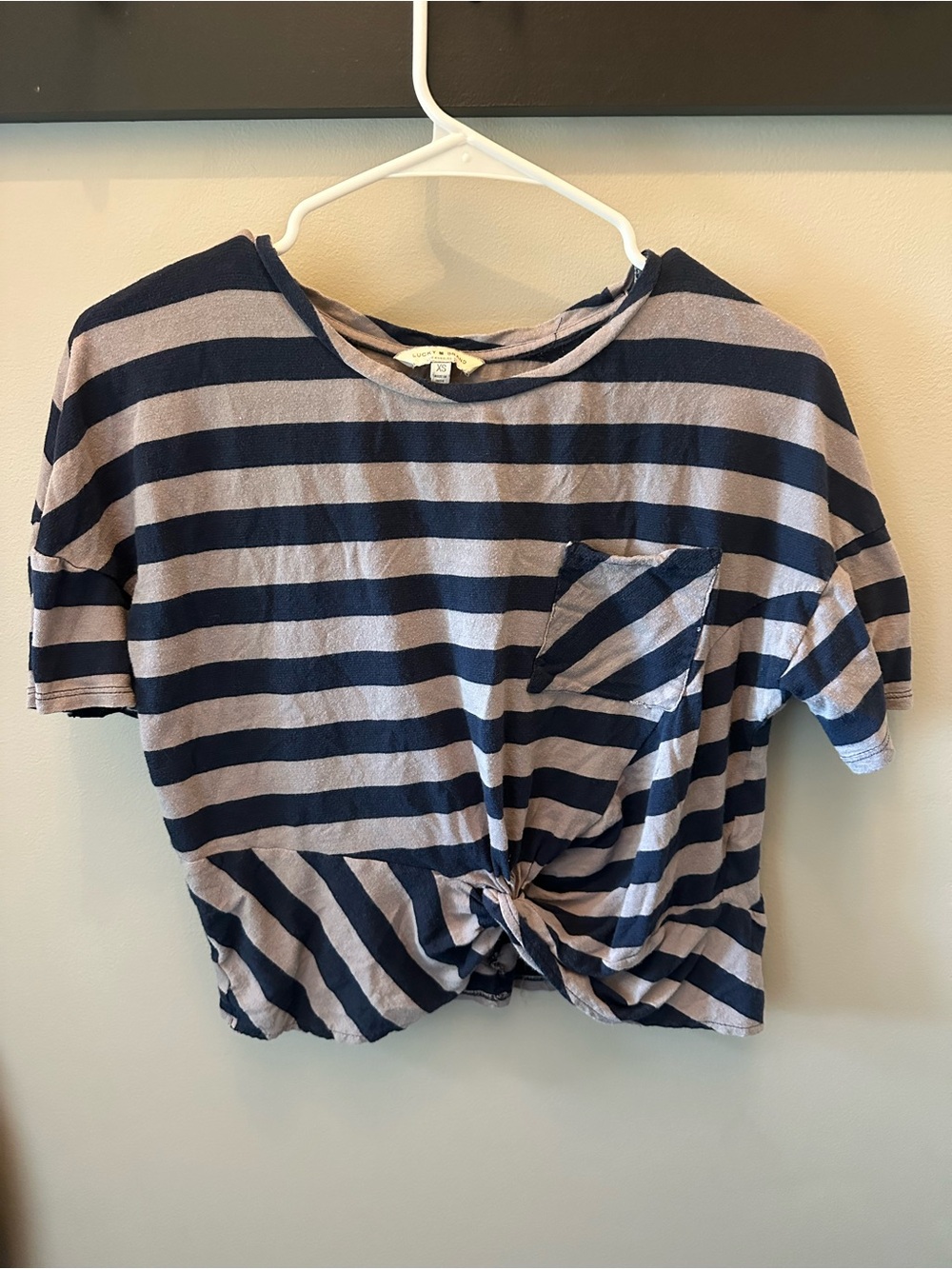 Lucky Brand Striped Knot Front Tee - Navy & Light Gray
